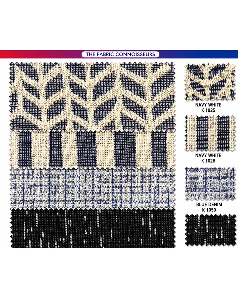 Vintage fabric — available in Navy White 1025, Navy White 1026, Blue Denim, Black